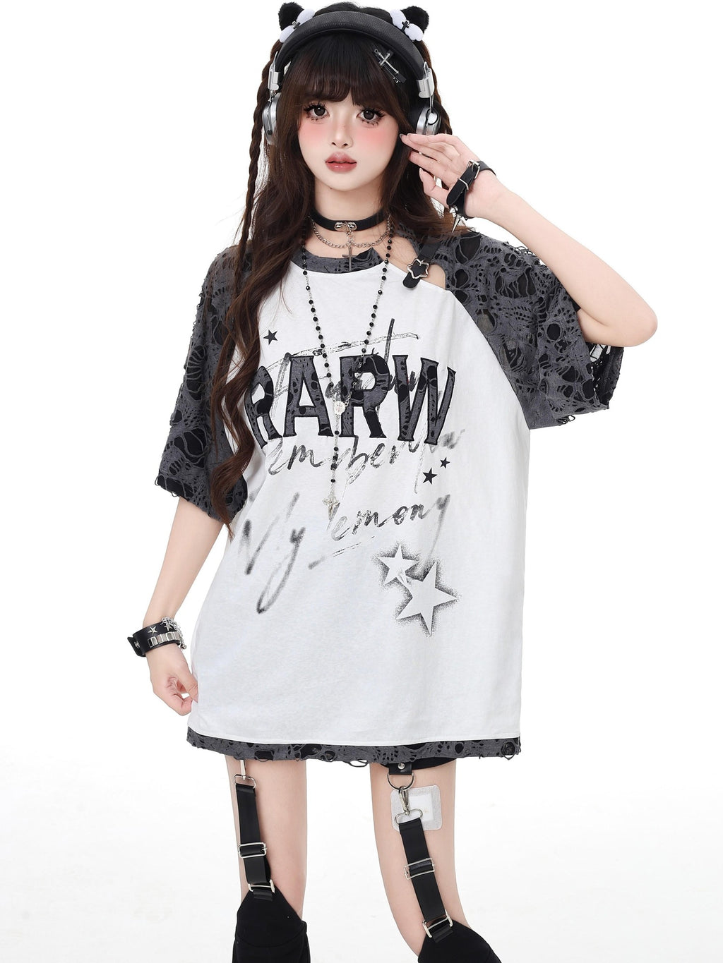 CRAZYGIRL Star Distressed Patchwork Raglan Loose Women's Short Sleeve T-shirts