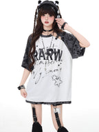 CRAZYGIRL Star Distressed Patchwork Raglan Loose Women's Short Sleeve T-shirts