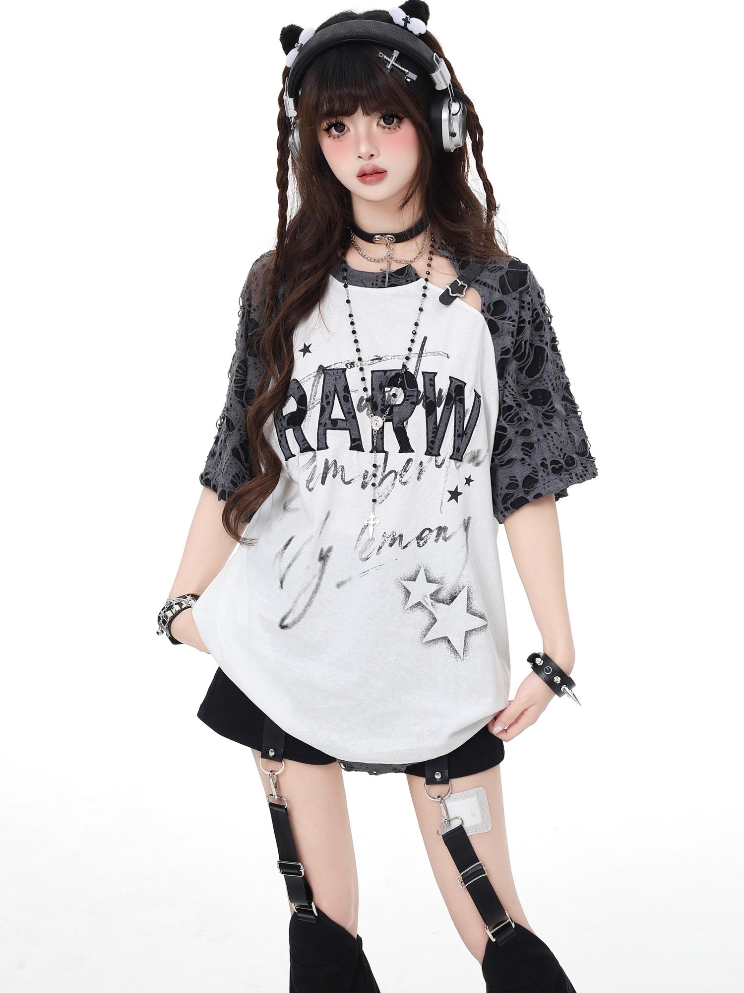 CRAZYGIRL Star Distressed Patchwork Raglan Loose Women's Short Sleeve T-shirts