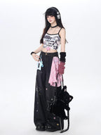 CRAZYGIRL Star Embroidered Card Pocket High Waist Women's Denim Wide-leg Jeans