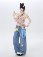 CRAZYGIRL Star Embroidered Card Pocket High Waist Women's Denim Wide-leg Jeans