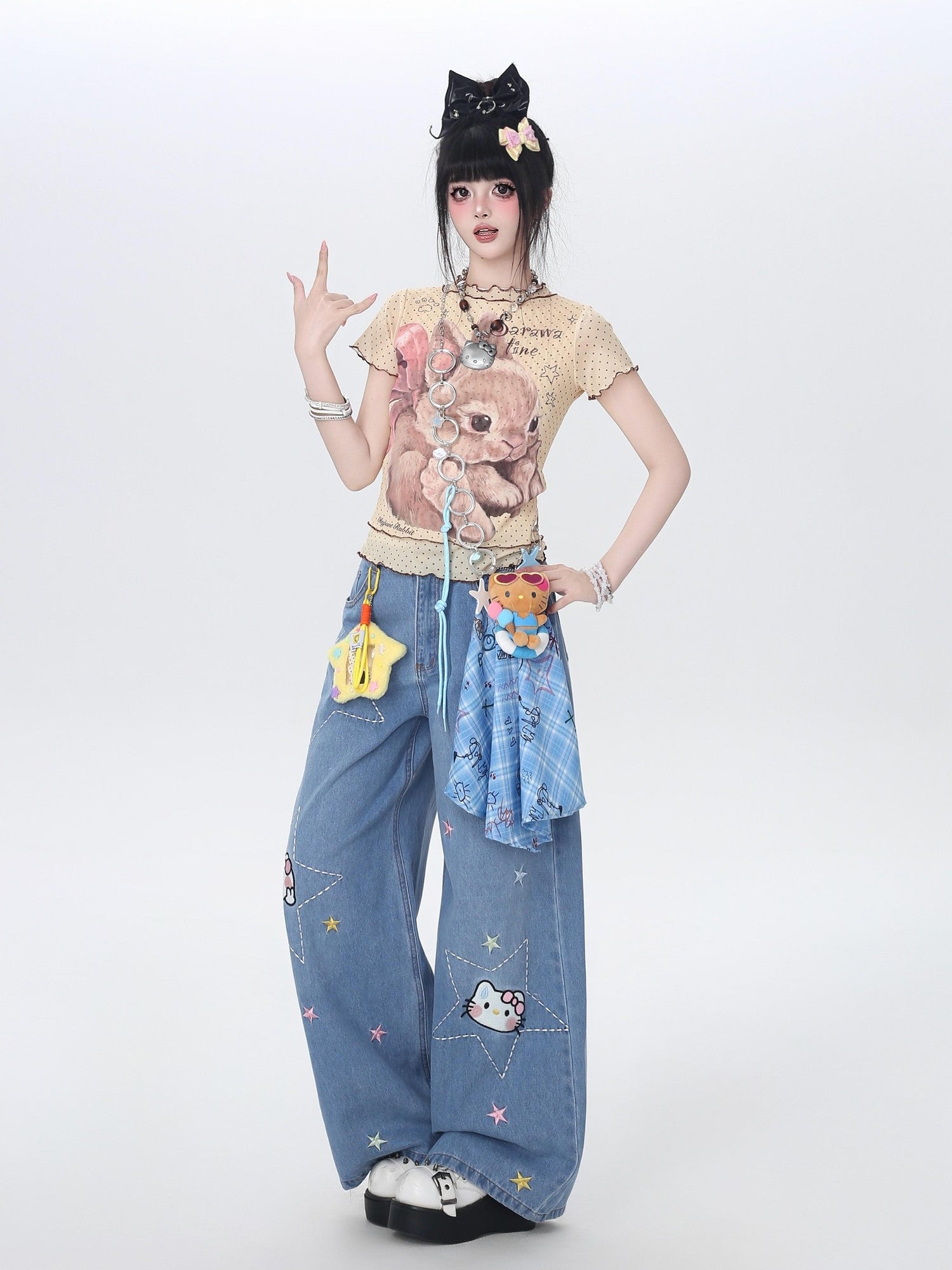 CRAZYGIRL Star Embroidered Card Pocket High Waist Women's Denim Wide-leg Jeans
