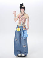 CRAZYGIRL Star Embroidered Card Pocket High Waist Women's Denim Wide-leg Jeans
