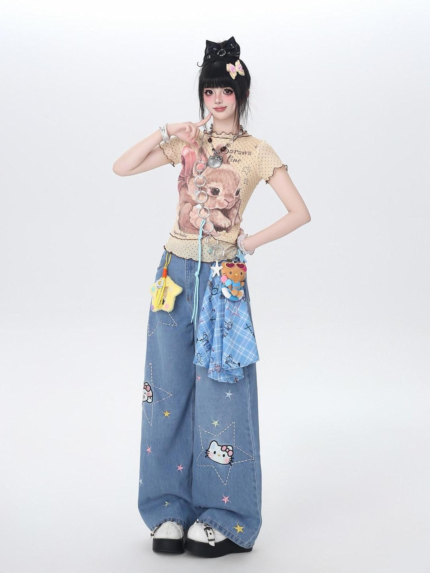 CRAZYGIRL Star Embroidered Card Pocket High Waist Women's Denim Wide-leg Jeans
