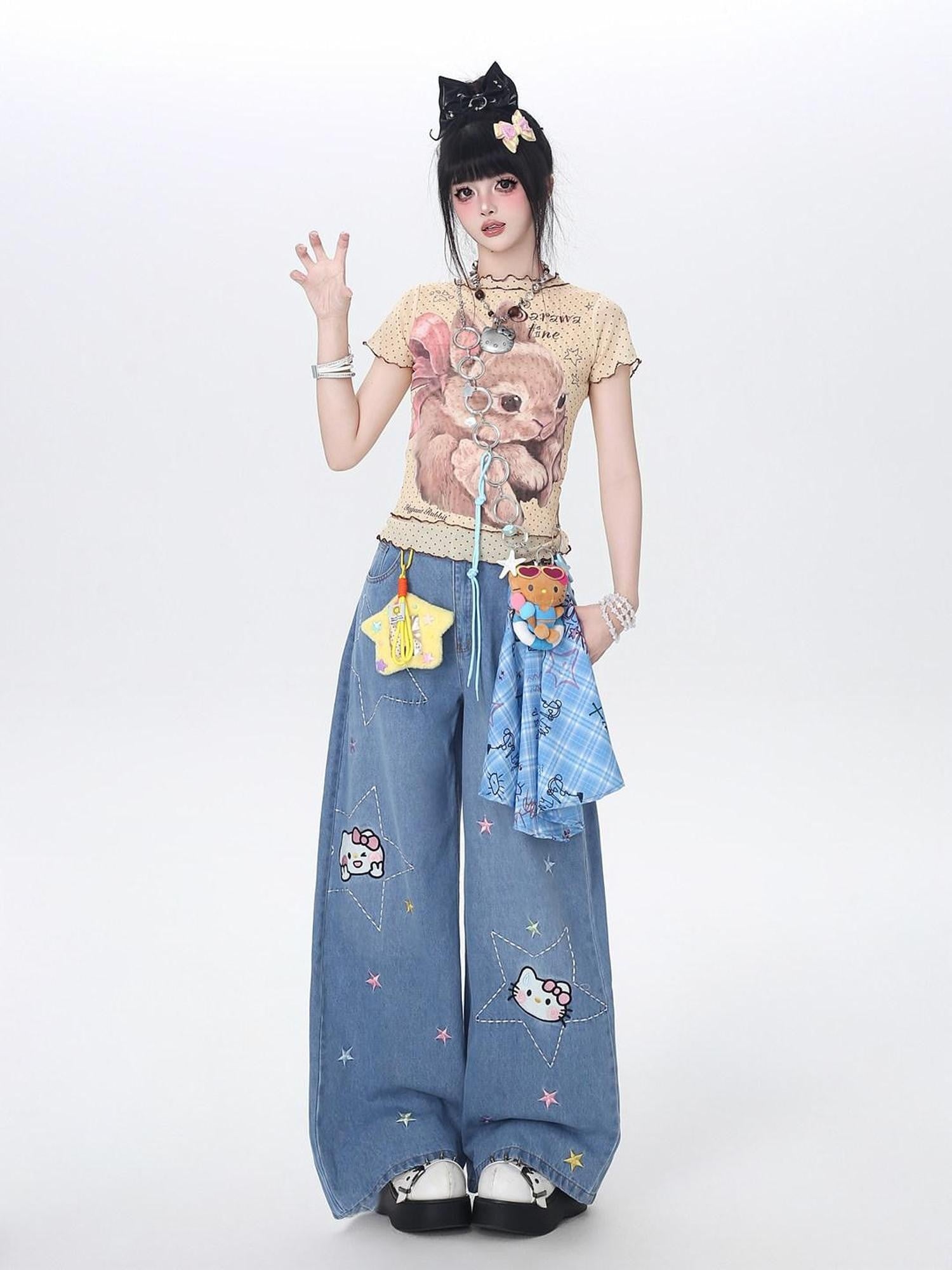 CRAZYGIRL Star Embroidered Card Pocket High Waist Women's Denim Wide-leg Jeans