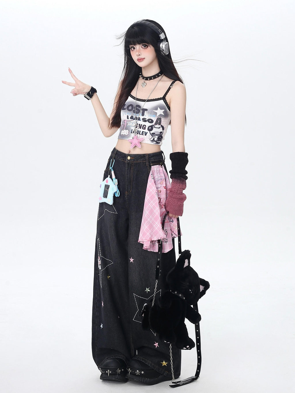 CRAZYGIRL Star Embroidered Card Pocket High Waist Women's Denim Wide-leg Jeans