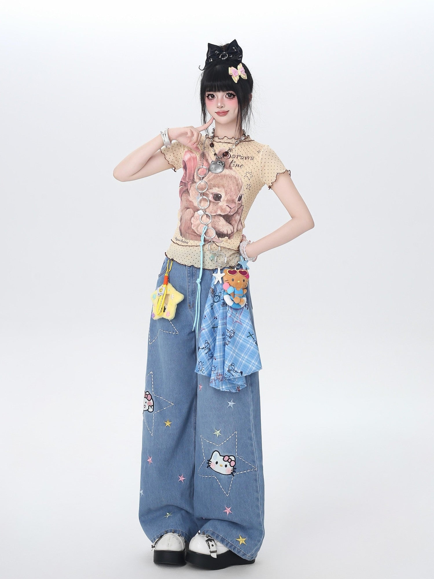 CRAZYGIRL Star Embroidered Card Pocket High Waist Women's Denim Wide-leg Jeans