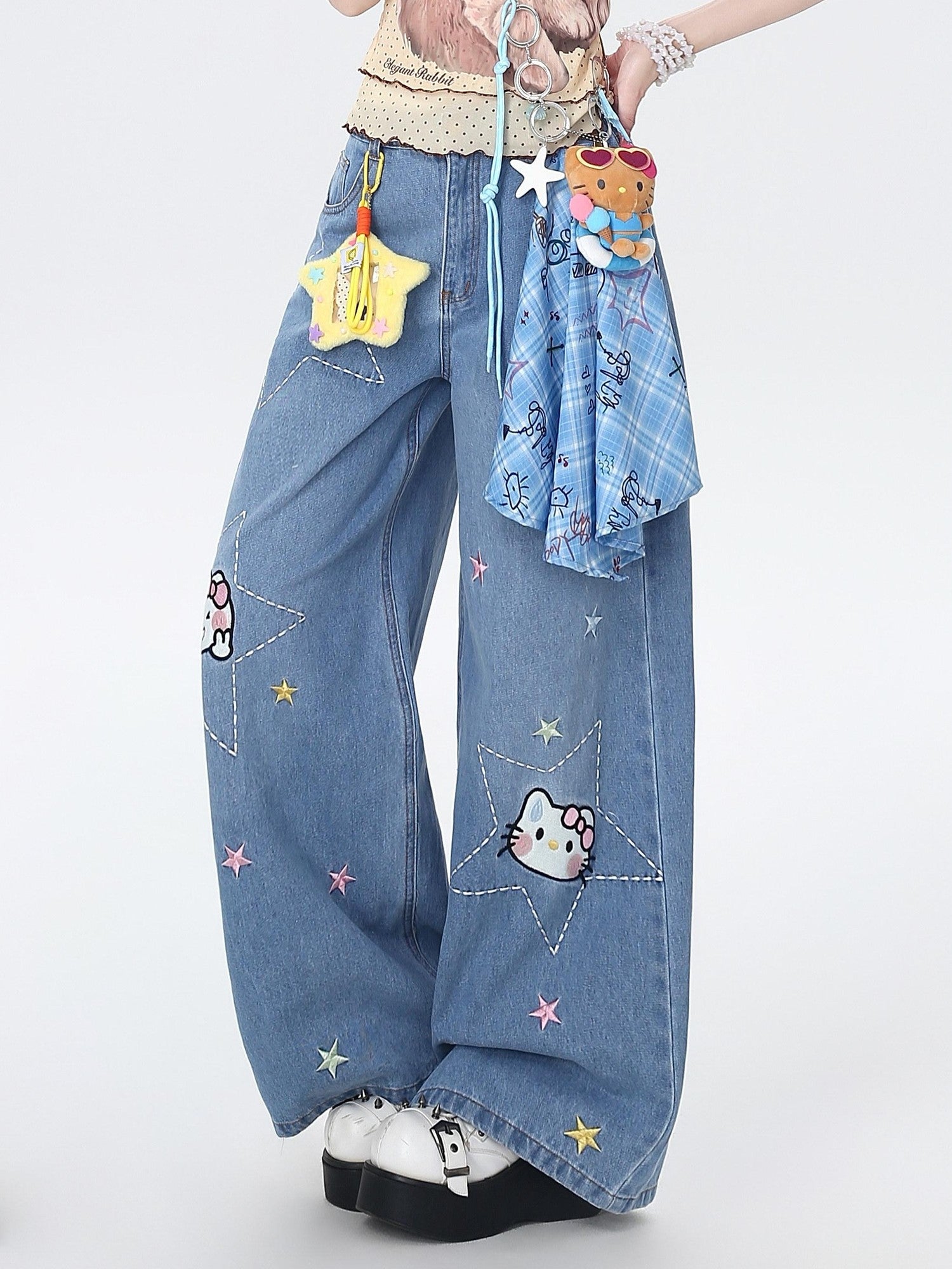 CRAZYGIRL Star Embroidered Card Pocket High Waist Women's Denim Wide-leg Jeans