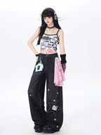 CRAZYGIRL Star Embroidered Card Pocket High Waist Women's Denim Wide-leg Jeans