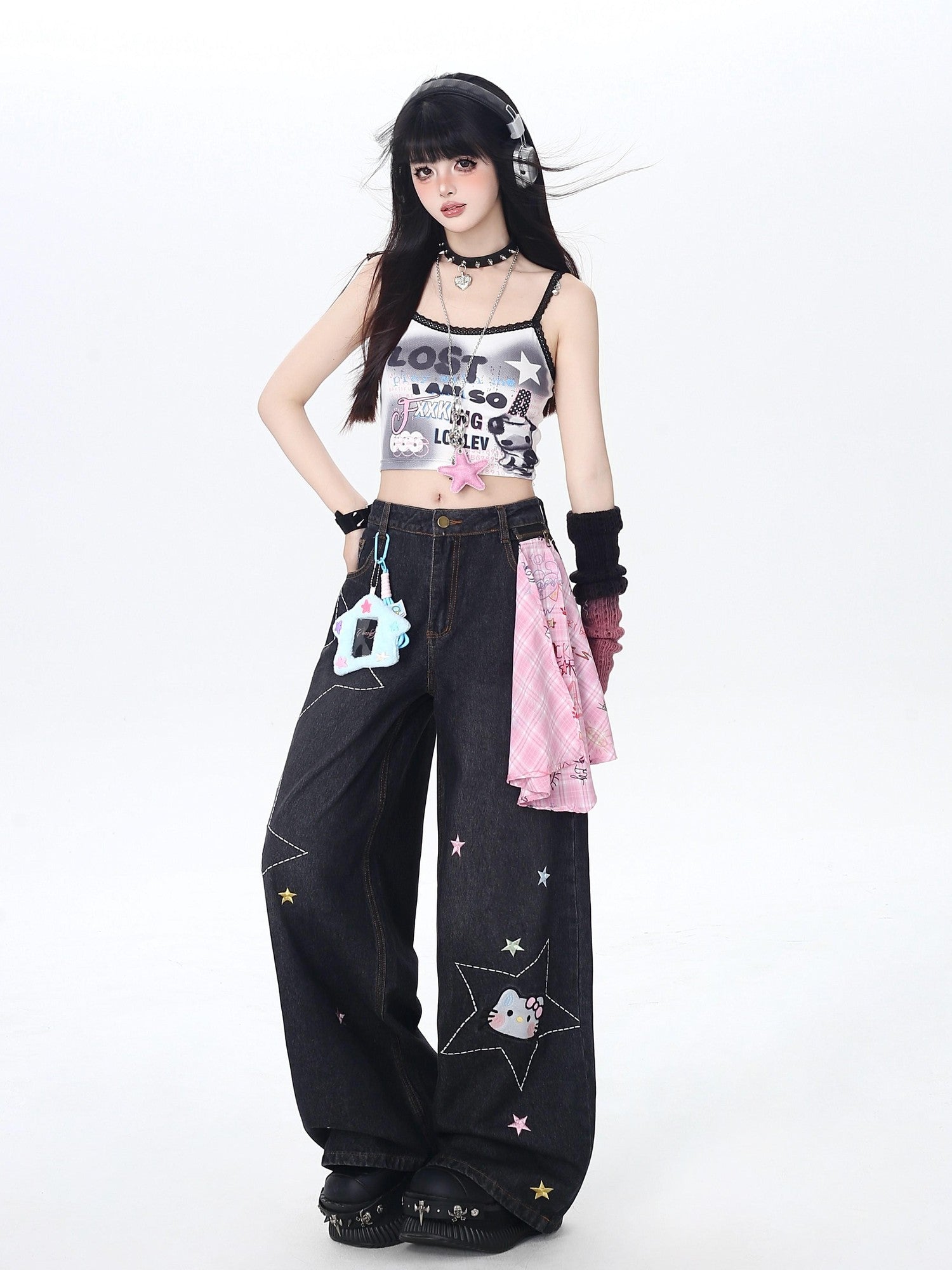 CRAZYGIRL Star Embroidered Card Pocket High Waist Women's Denim Wide-leg Jeans