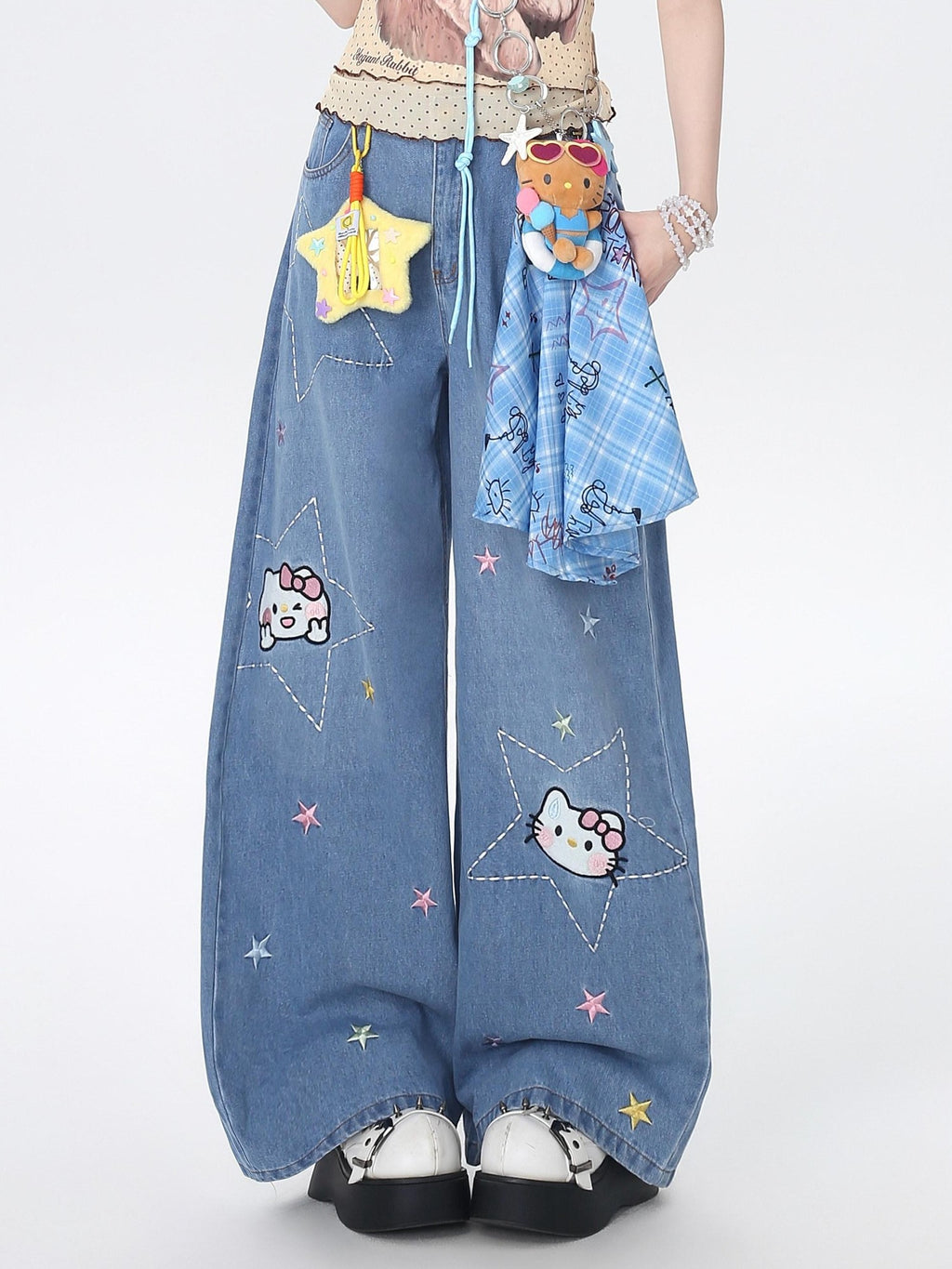 CRAZYGIRL Star Embroidered Card Pocket High Waist Women's Denim Wide-leg Jeans