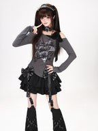 CRAZYGIRL Star Graffiti Off Shoulder Drawstring Cinched Waist Women's Long Sleeve T-shirts