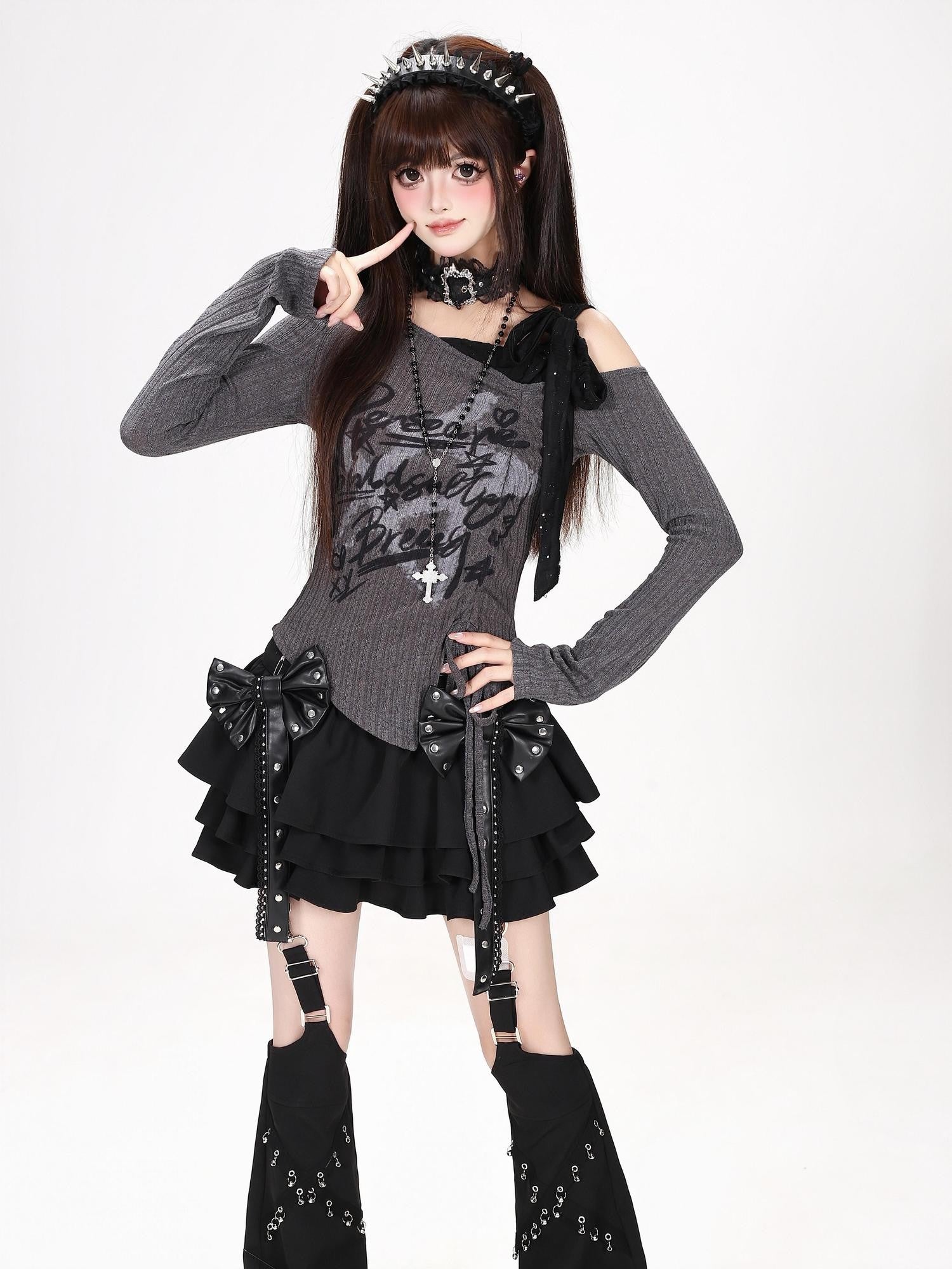 CRAZYGIRL Star Graffiti Off Shoulder Drawstring Cinched Waist Women's Long Sleeve T-shirts
