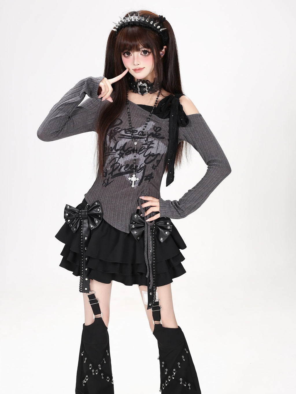 CRAZYGIRL Star Graffiti Off Shoulder Drawstring Cinched Waist Women's Long Sleeve T-shirts