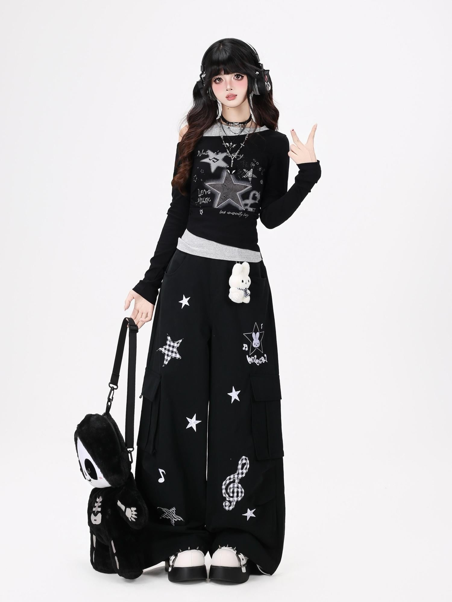 CRAZYGIRL Star Note Patchwork Off Shoulder Ruched Waist Women's Long Sleeve T-shirts