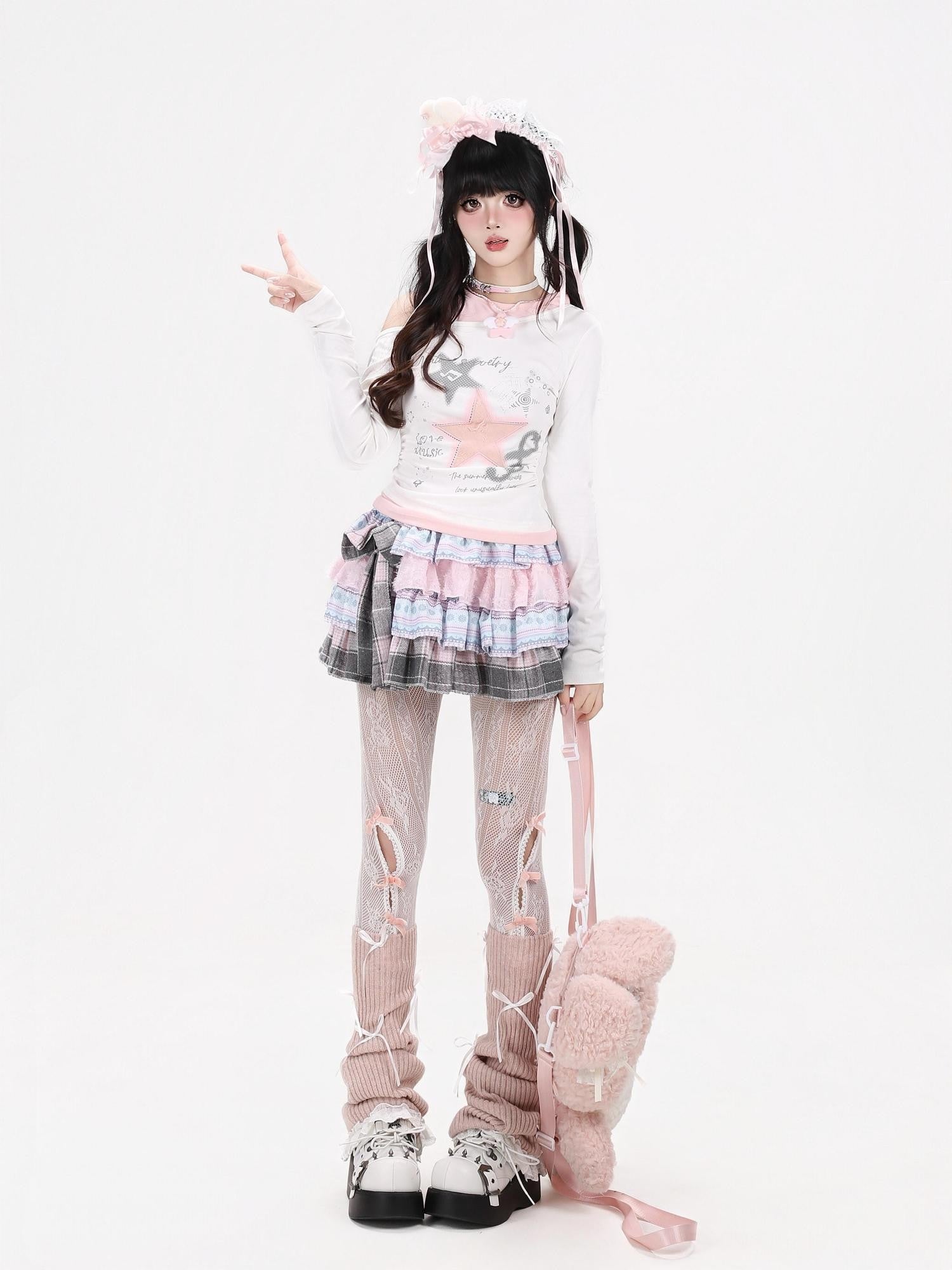CRAZYGIRL Star Note Patchwork Off Shoulder Ruched Waist Women's Long Sleeve T-shirts