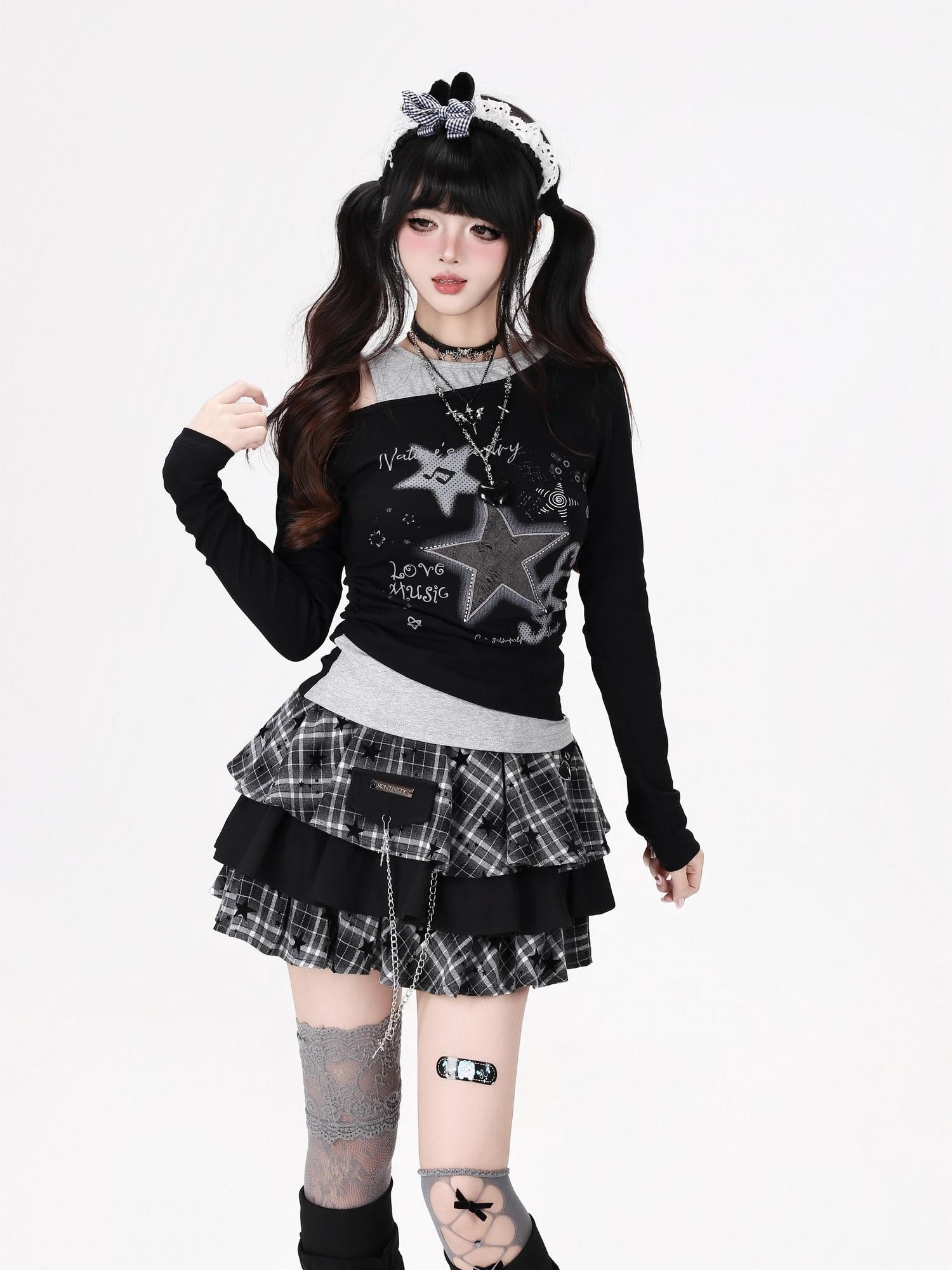 CRAZYGIRL Star Note Patchwork Off Shoulder Ruched Waist Women's Long Sleeve T-shirts