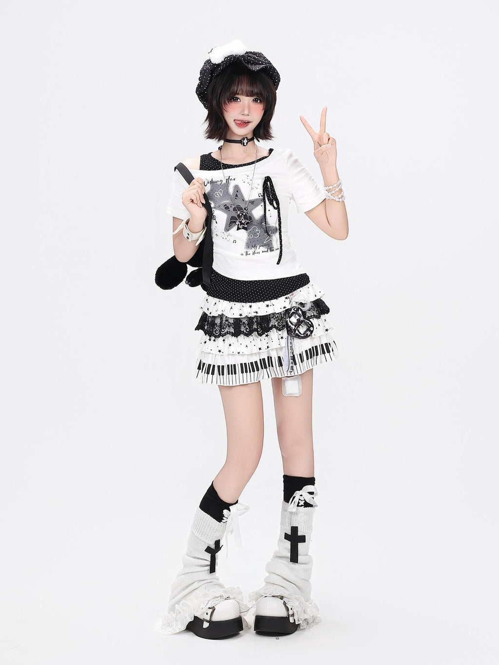 CRAZYGIRL Star Polka Dot Patchwork Ripped Asymmetric Women's Short Sleeve T-shirts