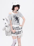 CRAZYGIRL Star Polka Dot Patchwork Ripped Asymmetric Women's Short Sleeve T-shirts