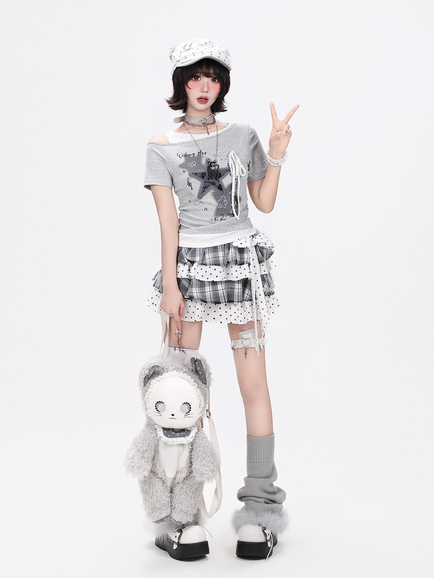 CRAZYGIRL Star Polka Dot Patchwork Ripped Asymmetric Women's Short Sleeve T-shirts