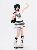 CRAZYGIRL Star Polka Dot Patchwork Ripped Asymmetric Women's Short Sleeve T-shirts