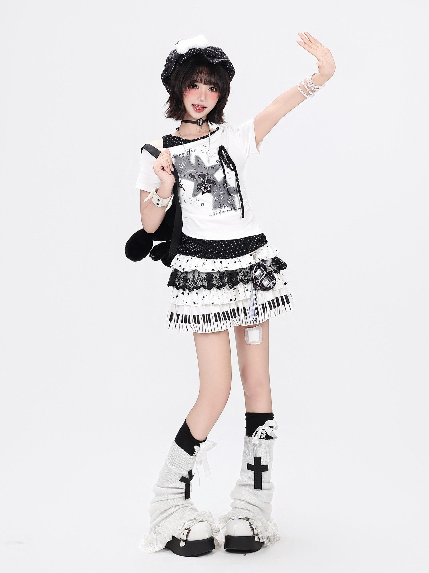 CRAZYGIRL Star Polka Dot Patchwork Ripped Asymmetric Women's Short Sleeve T-shirts