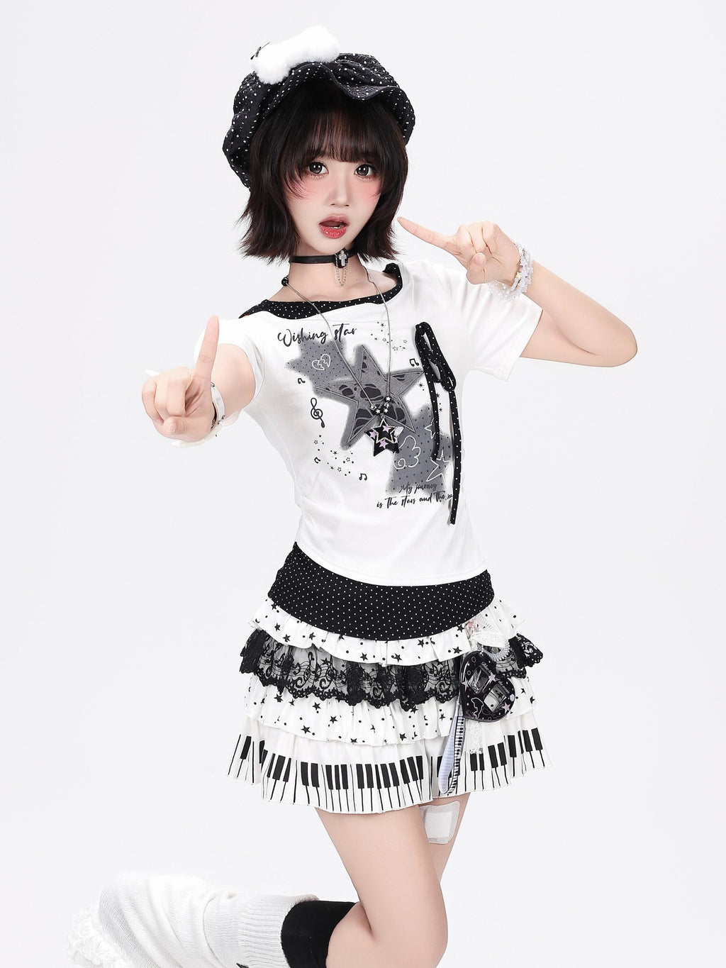 CRAZYGIRL Star Polka Dot Patchwork Ripped Asymmetric Women's Short Sleeve T-shirts