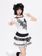 CRAZYGIRL Star Polka Dot Patchwork Ripped Asymmetric Women's Short Sleeve T-shirts