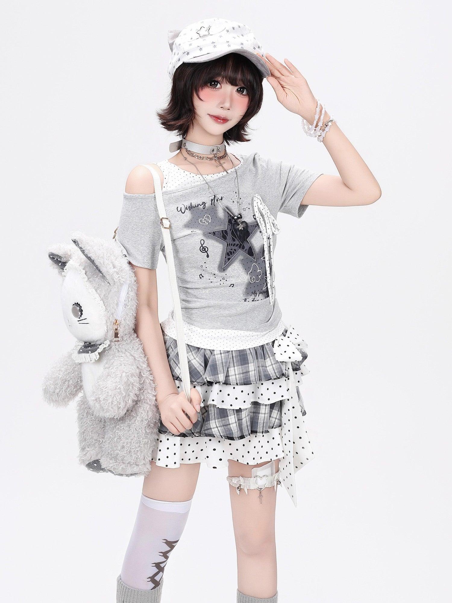 CRAZYGIRL Star Polka Dot Patchwork Ripped Asymmetric Women's Short Sleeve T-shirts
