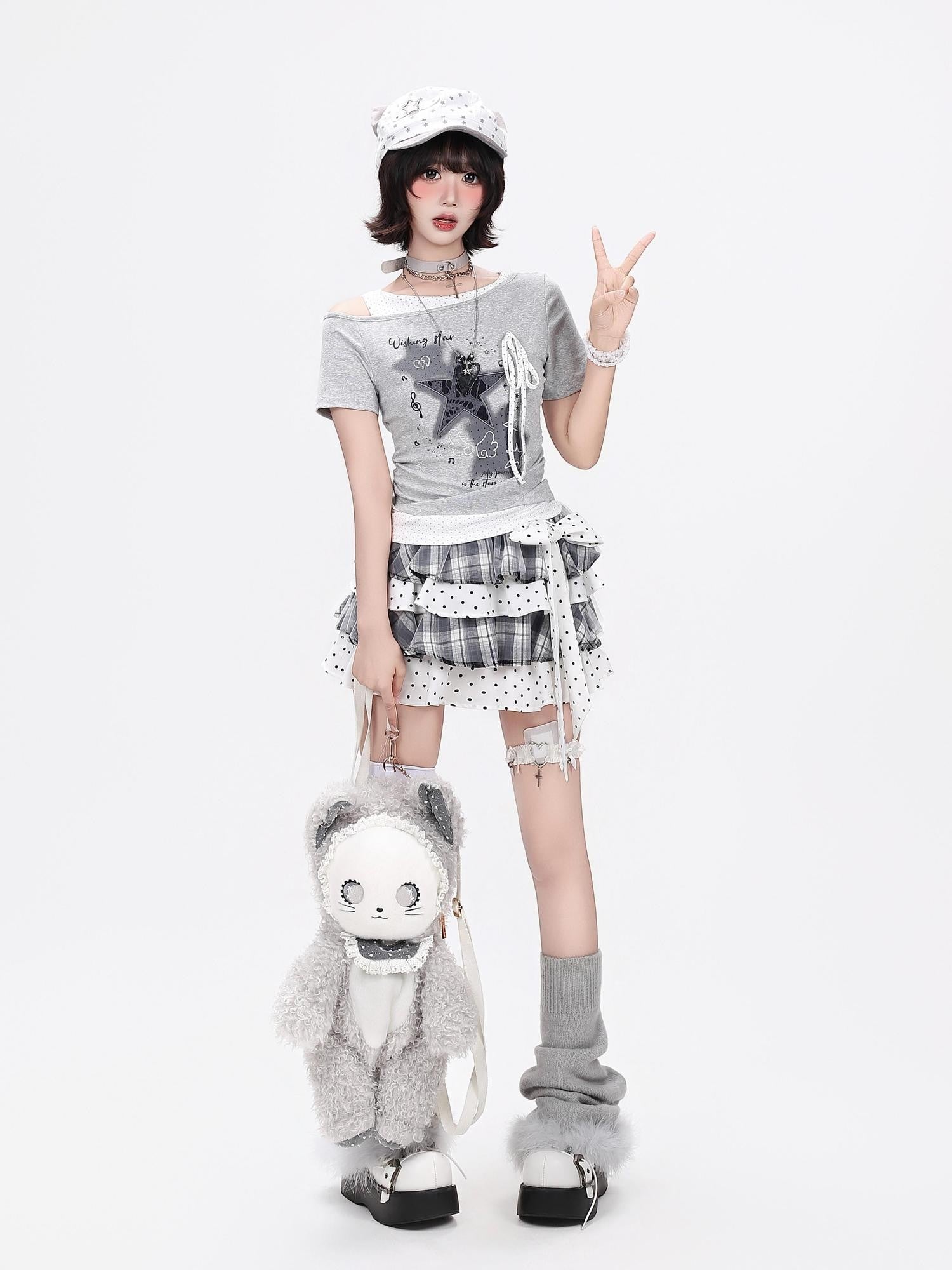 CRAZYGIRL Star Polka Dot Patchwork Ripped Asymmetric Women's Short Sleeve T-shirts