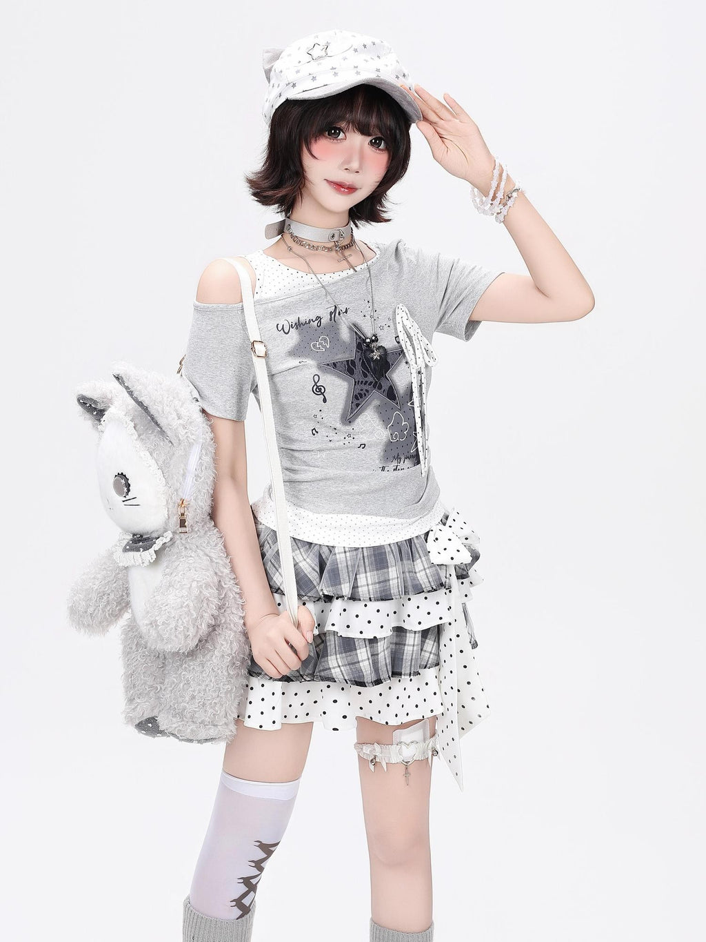CRAZYGIRL Star Polka Dot Patchwork Ripped Asymmetric Women's Short Sleeve T-shirts
