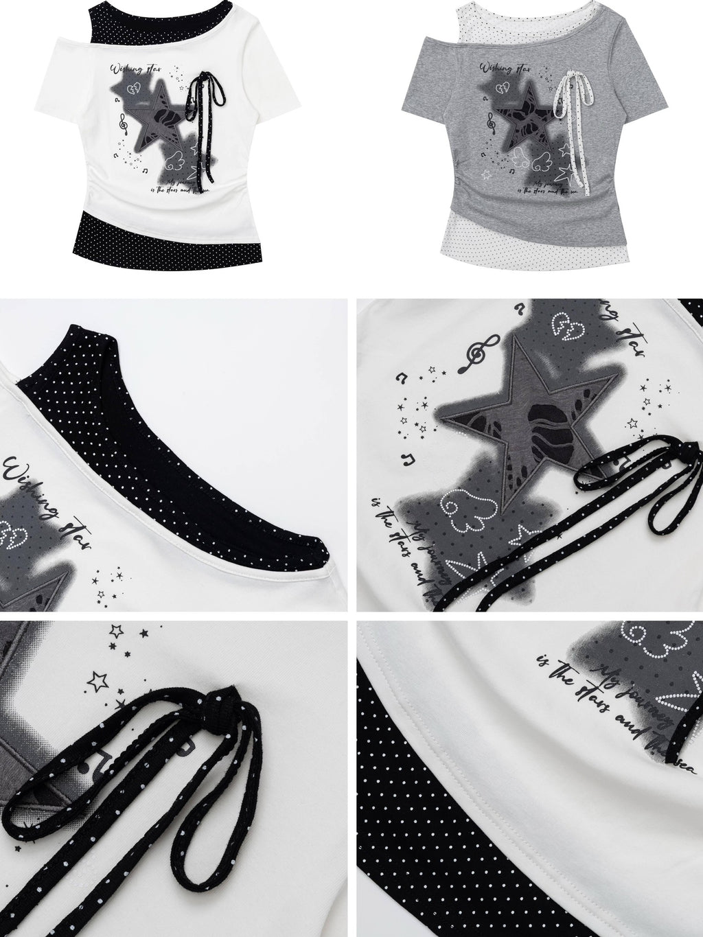 CRAZYGIRL Star Polka Dot Patchwork Ripped Asymmetric Women's Short Sleeve T-shirts