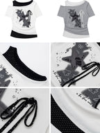CRAZYGIRL Star Polka Dot Patchwork Ripped Asymmetric Women's Short Sleeve T-shirts