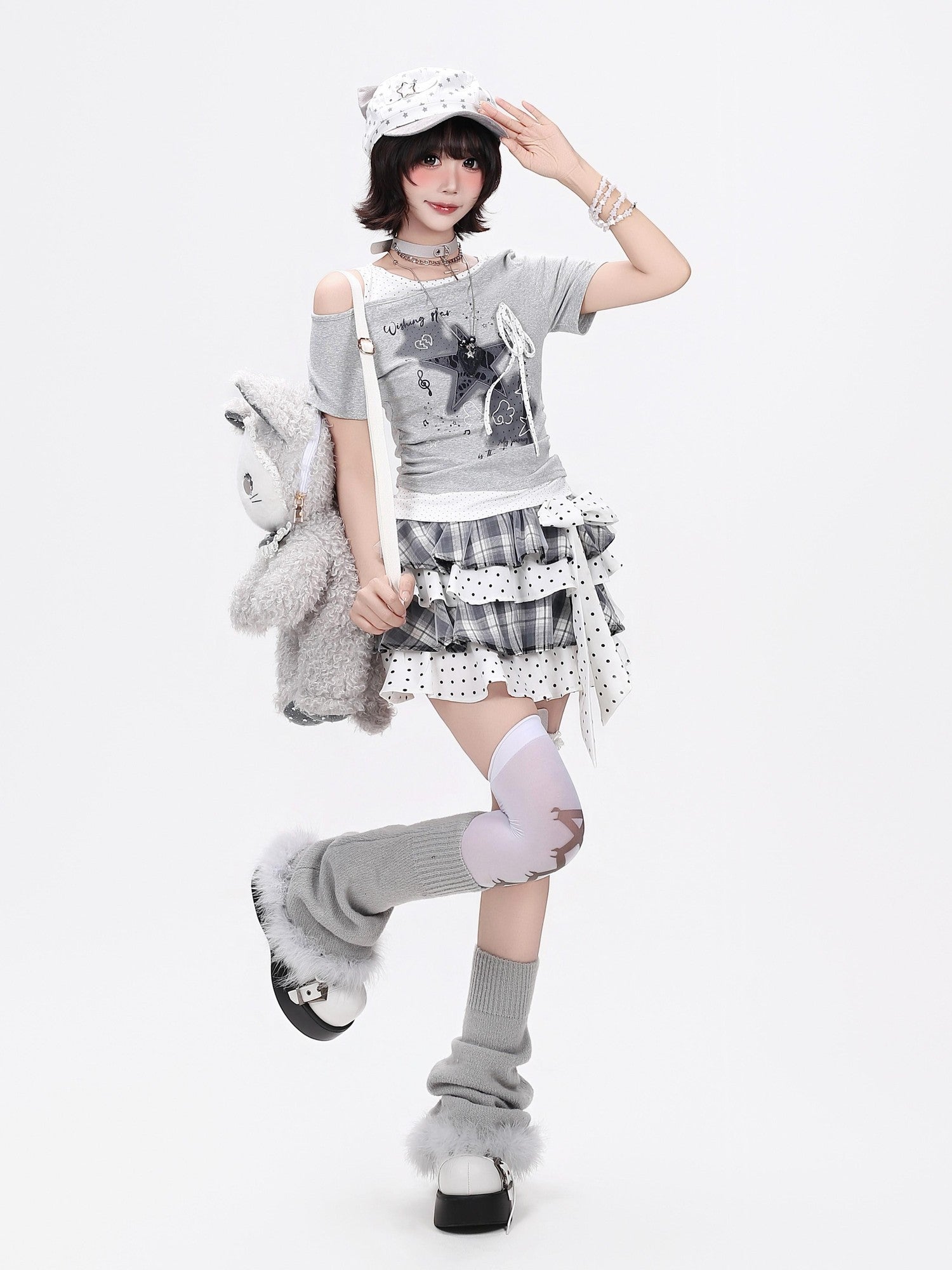 CRAZYGIRL Star Polka Dot Patchwork Ripped Asymmetric Women's Short Sleeve T-shirts
