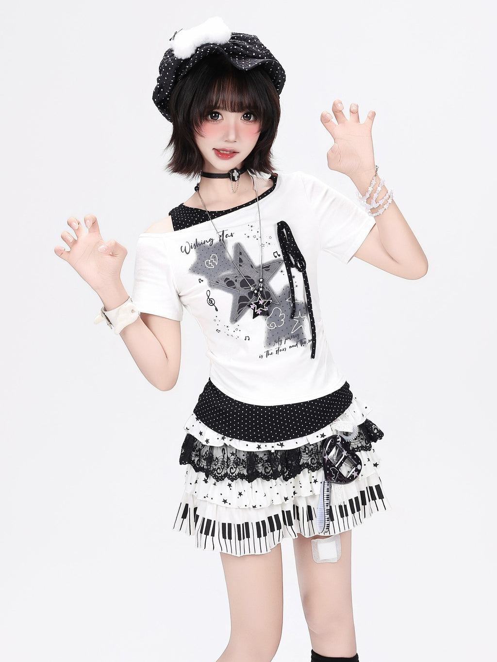 CRAZYGIRL Star Polka Dot Patchwork Ripped Asymmetric Women's Short Sleeve T-shirts