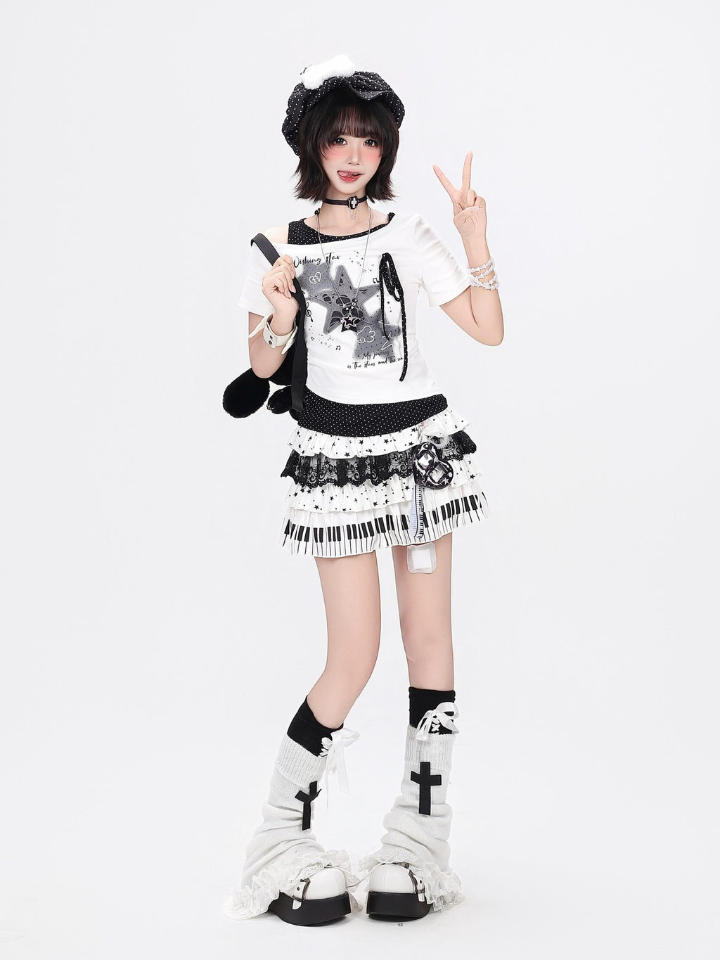 CRAZYGIRL Star Polka Dot Patchwork Ripped Asymmetric Women's Short Sleeve T-shirts