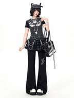 CRAZYGIRL Star Print Drawstring Faux Two Piece Micro Flare Women's Chinos