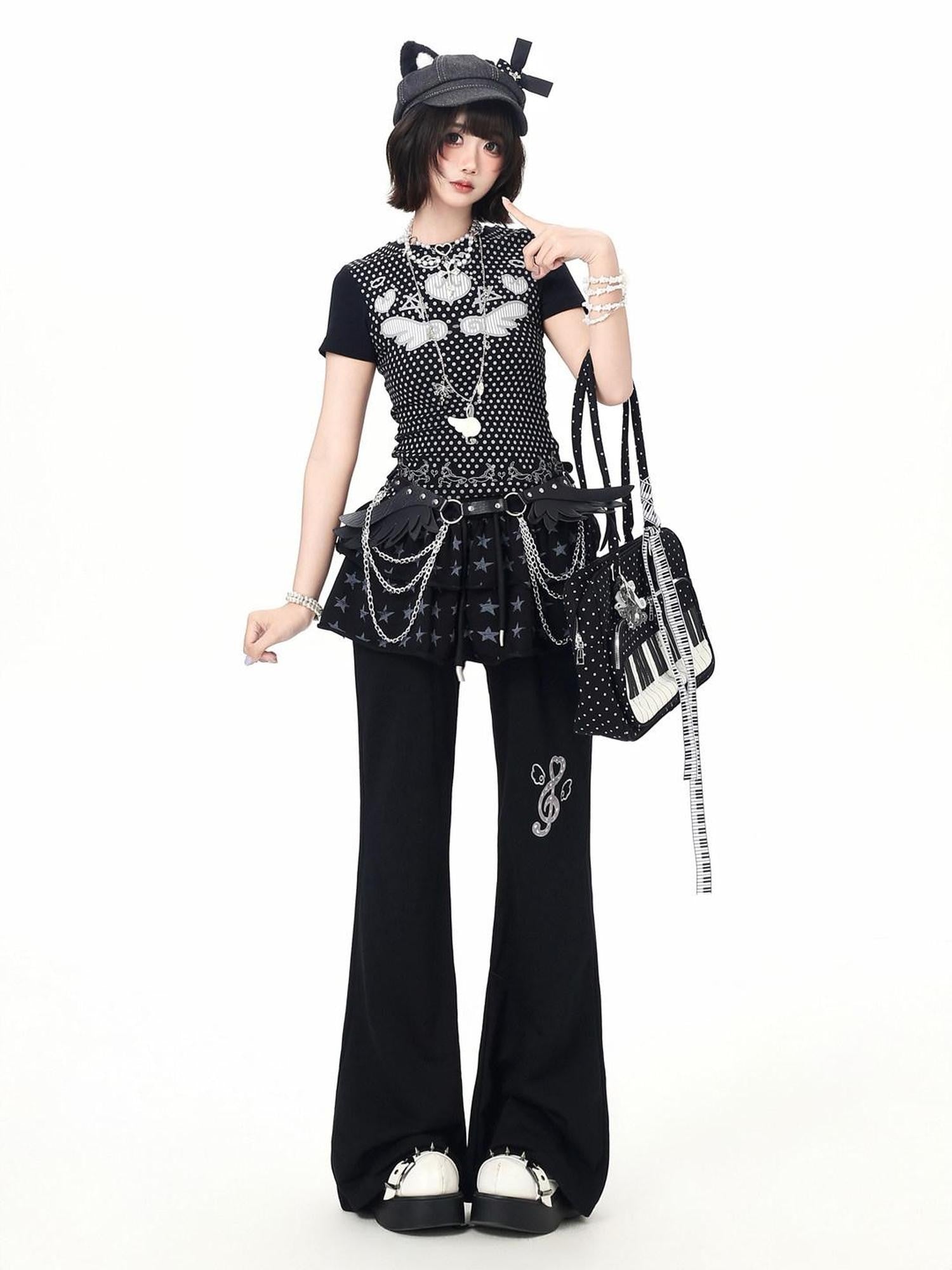 CRAZYGIRL Star Print Drawstring Faux Two Piece Micro Flare Women's Chinos