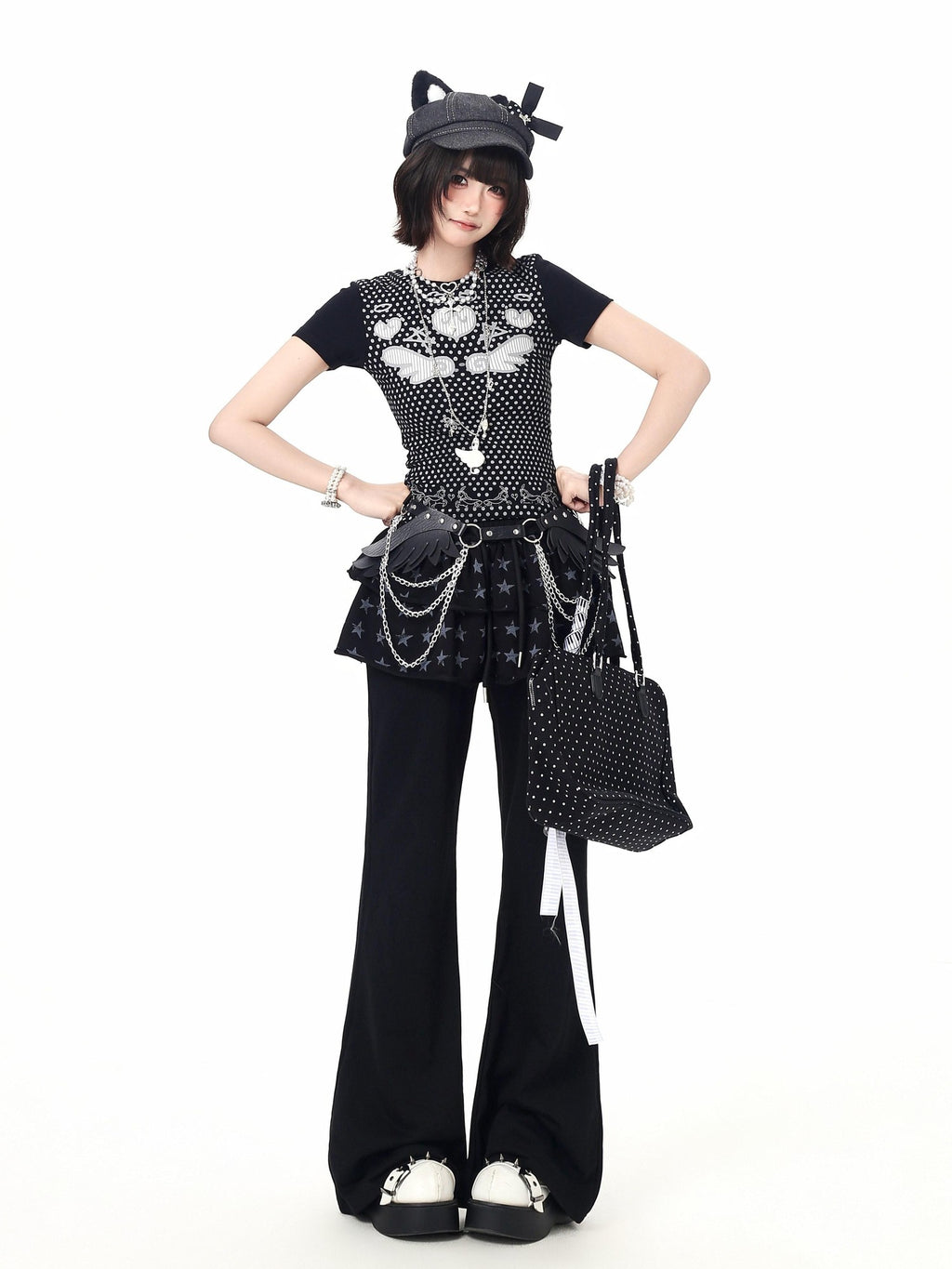 CRAZYGIRL Star Print Drawstring Faux Two Piece Micro Flare Women's Chinos
