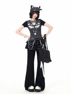 CRAZYGIRL Star Print Drawstring Faux Two Piece Micro Flare Women's Chinos