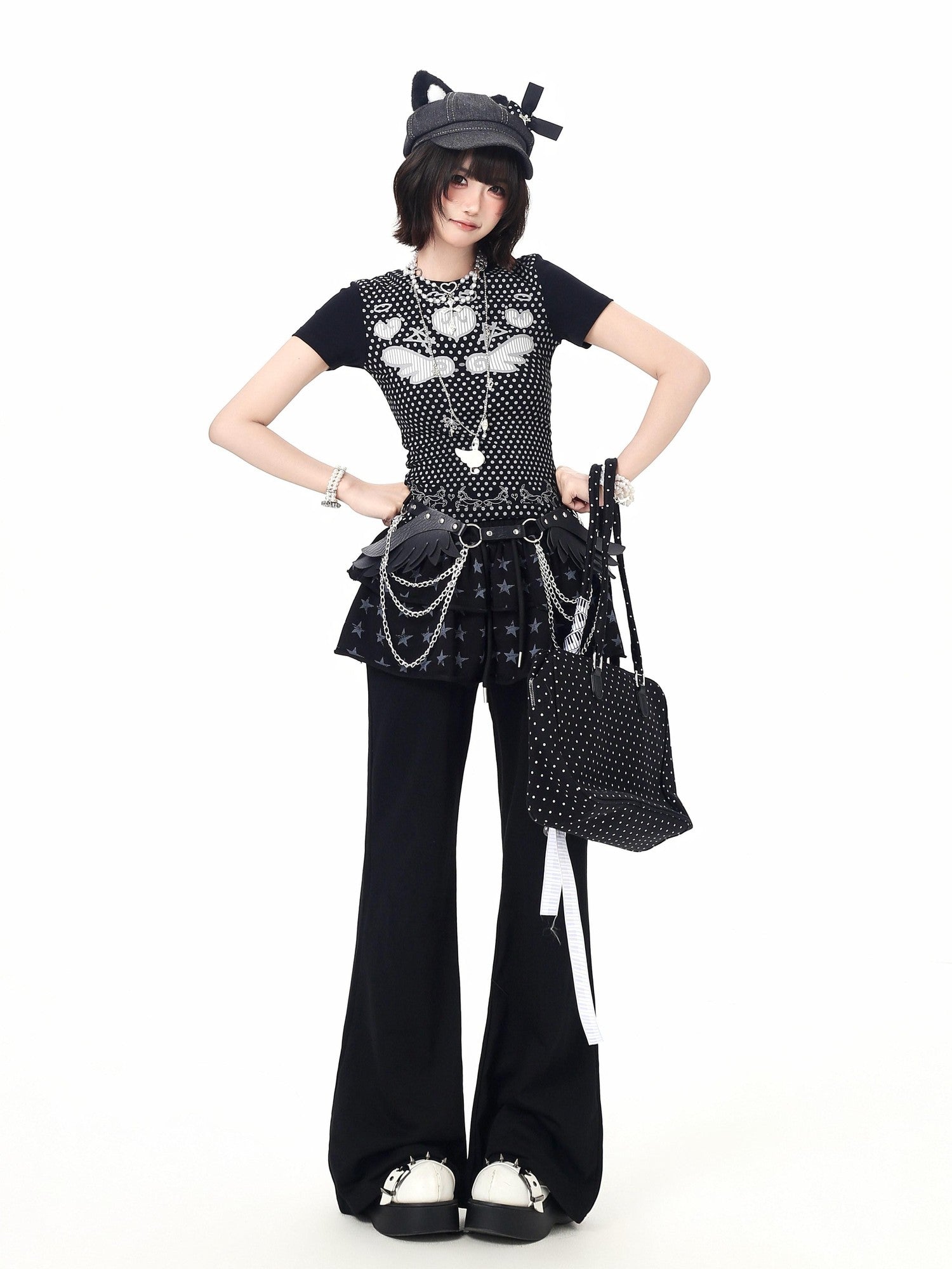 CRAZYGIRL Star Print Drawstring Faux Two Piece Micro Flare Women's Chinos