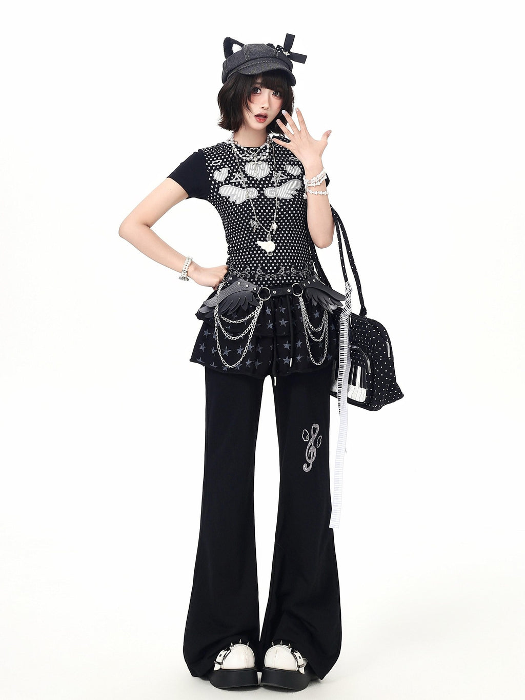 CRAZYGIRL Star Print Drawstring Faux Two Piece Micro Flare Women's Chinos