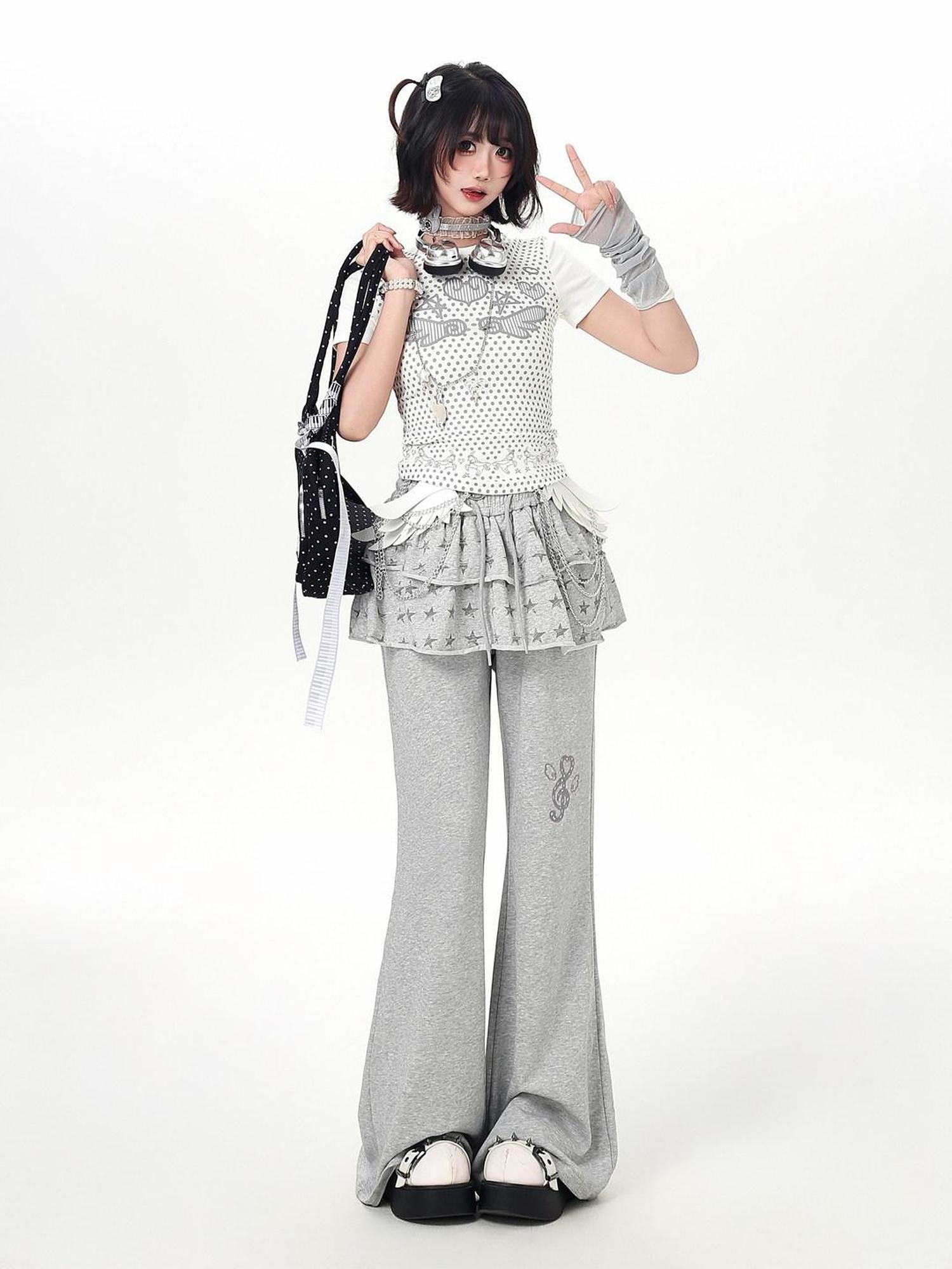 CRAZYGIRL Star Print Drawstring Faux Two Piece Micro Flare Women's Chinos