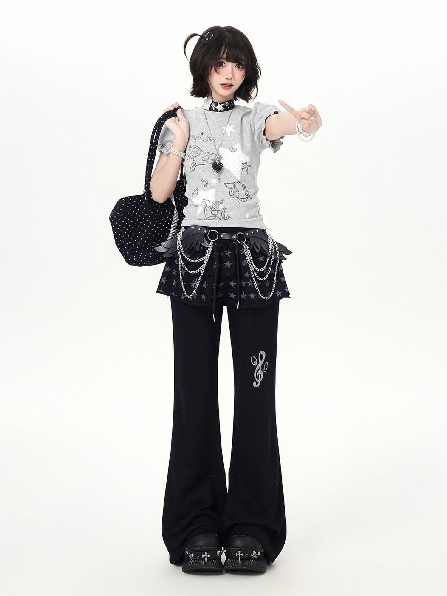 CRAZYGIRL Star Print Drawstring Faux Two Piece Micro Flare Women's Chinos