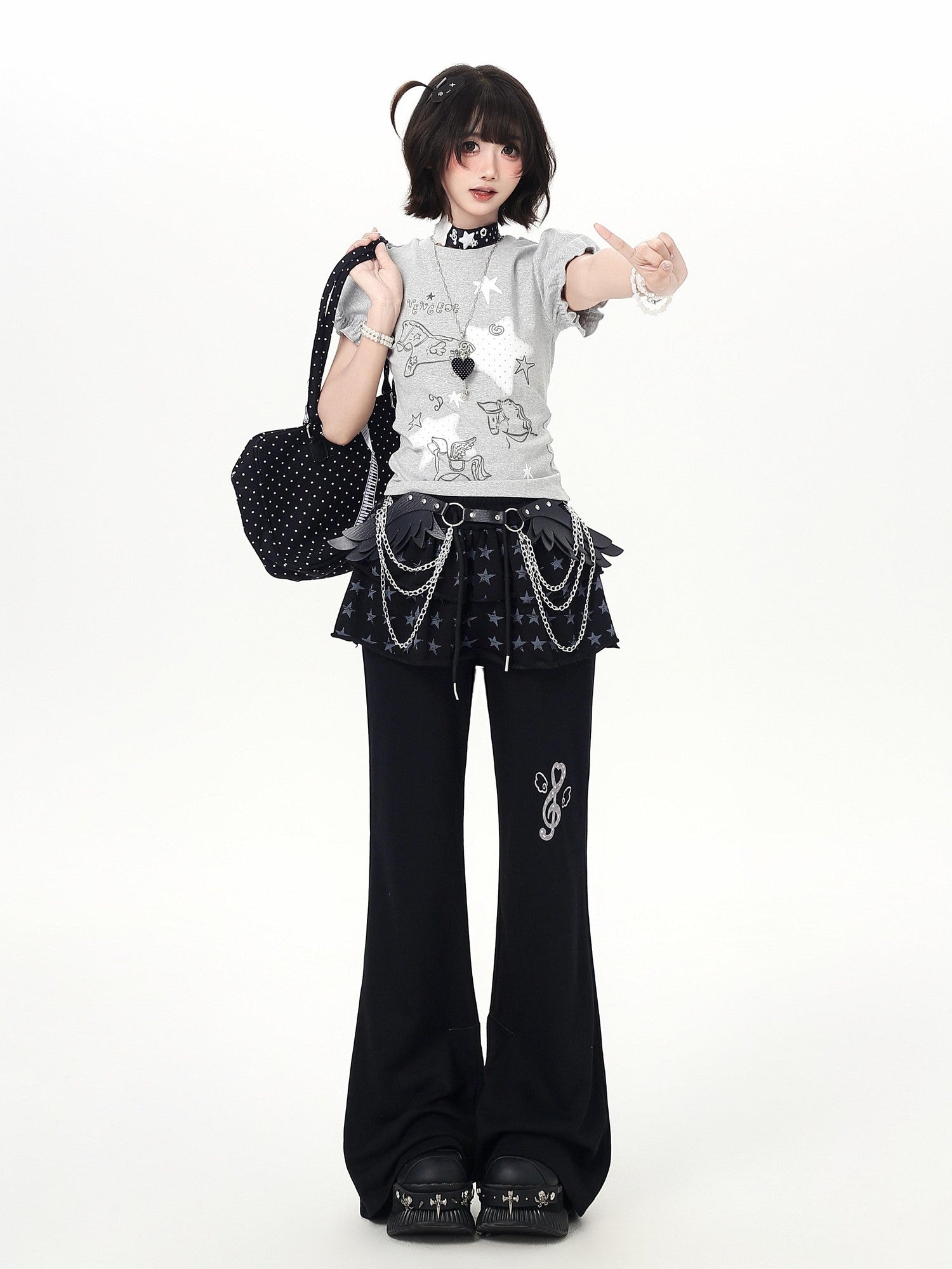 CRAZYGIRL Star Print Drawstring Faux Two Piece Micro Flare Women's Chinos
