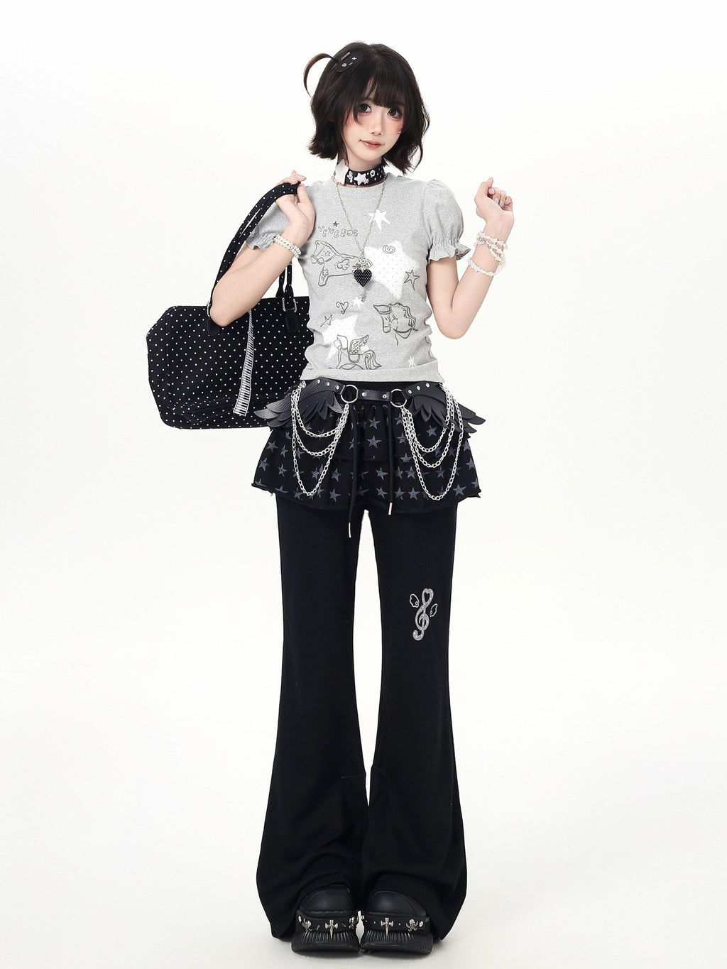 CRAZYGIRL Star Print Drawstring Faux Two Piece Micro Flare Women's Chinos