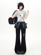 CRAZYGIRL Star Print Drawstring Faux Two Piece Micro Flare Women's Chinos