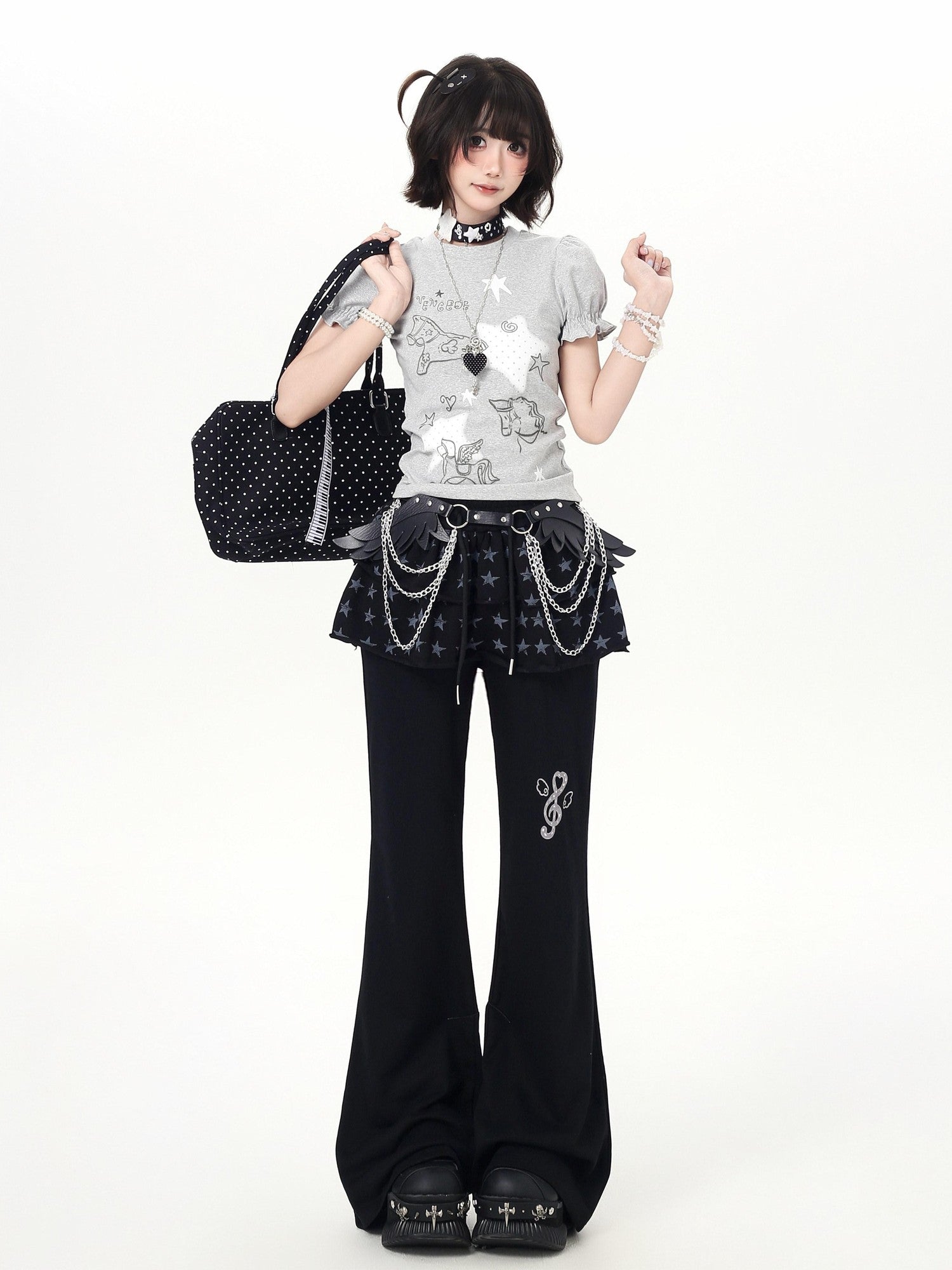 CRAZYGIRL Star Print Drawstring Faux Two Piece Micro Flare Women's Chinos