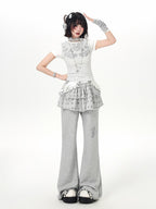 CRAZYGIRL Star Print Drawstring Faux Two Piece Micro Flare Women's Chinos