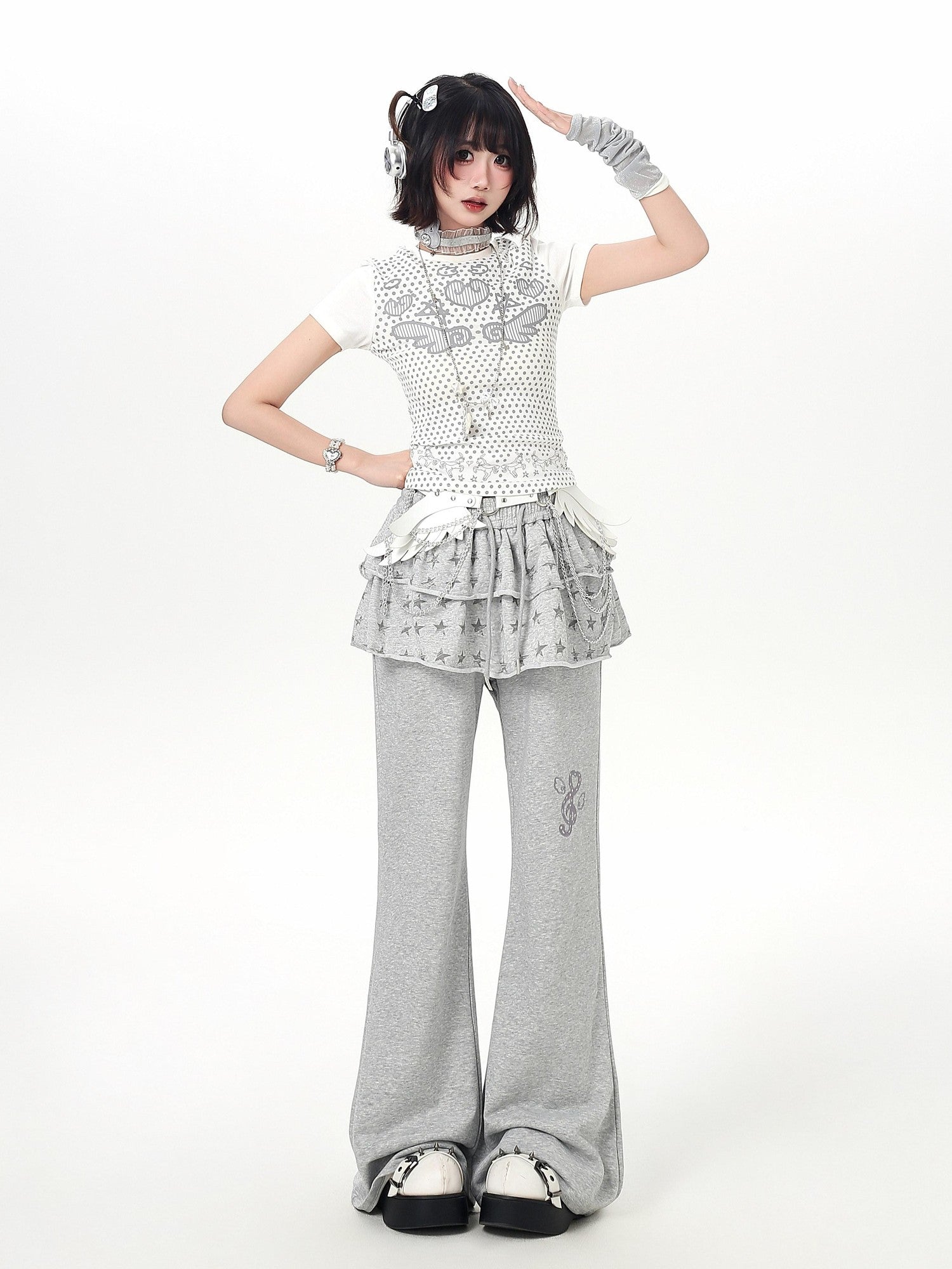 CRAZYGIRL Star Print Drawstring Faux Two Piece Micro Flare Women's Chinos